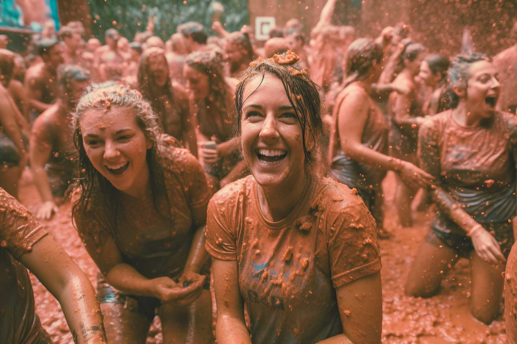 La Tomatina festival is a messy affair, so it’s essential to wear clothes you don’t mind ruining. Most participants wear old clothes, as the combination of tomato pulp and water can permanently stain fabrics. Many attendees opt for white T-shirts, which turn bright red during the fight, creating a striking visual effect.